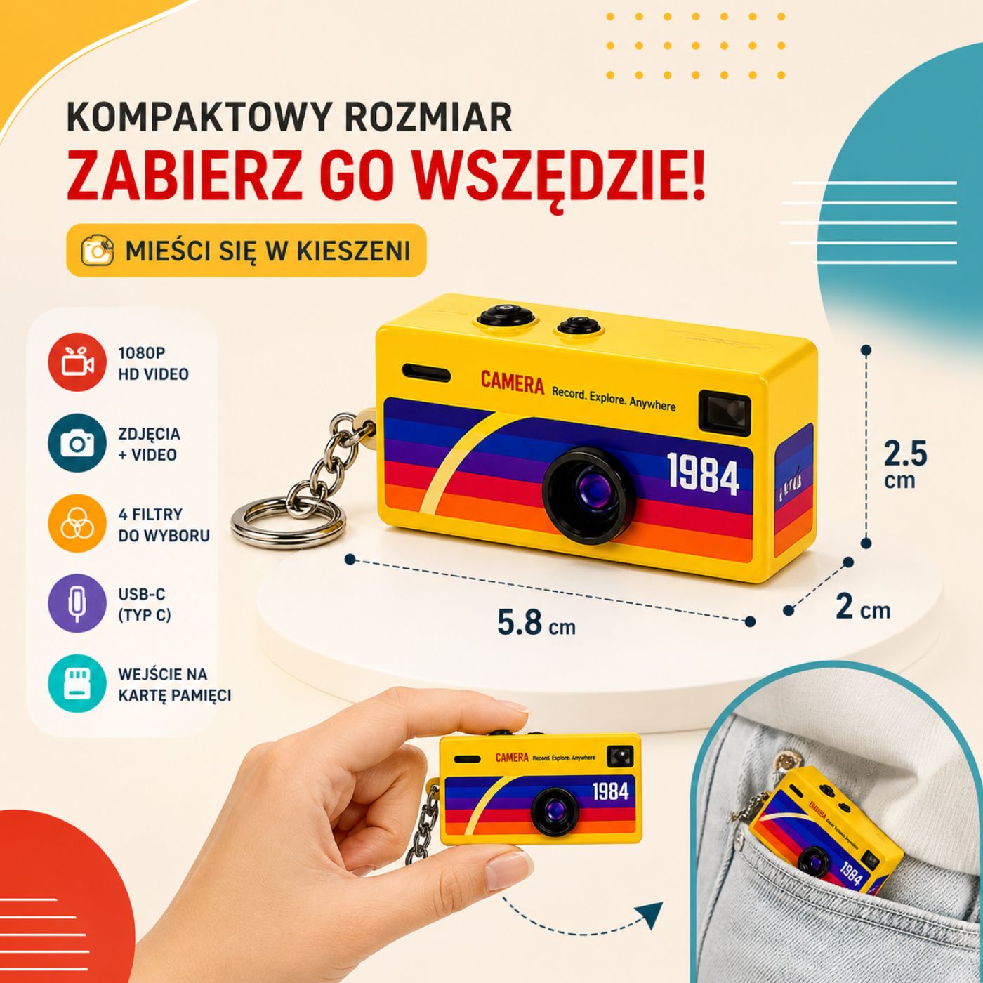Mini Aparat Retro HD z Ekranem LCD – Kamera Brelok USB-C | Vintage Pocket Cam
