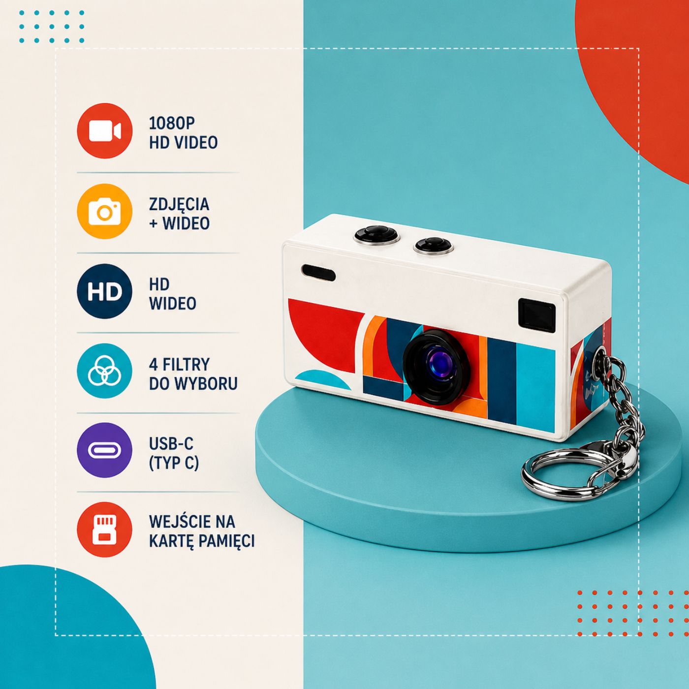 Mini Aparat Retro HD z Ekranem LCD – Kamera Brelok USB-C | Vintage Pocket Cam