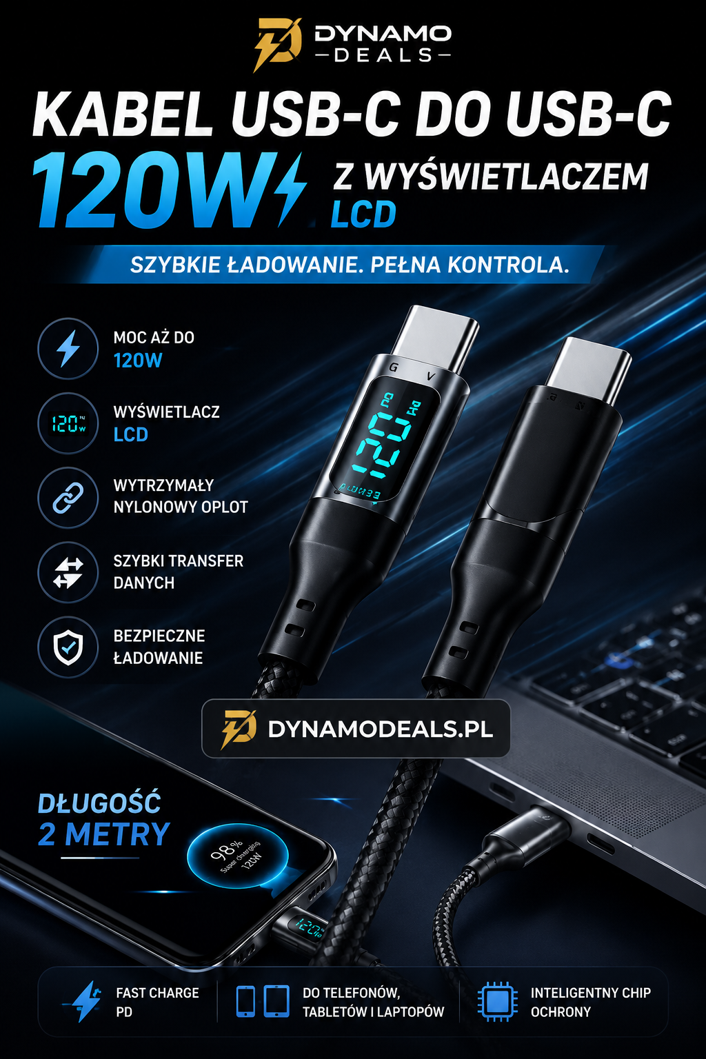 Kabel USB-C do USB-C 120W 2m z Wyświetlaczem LCD – Fast Charge PD
