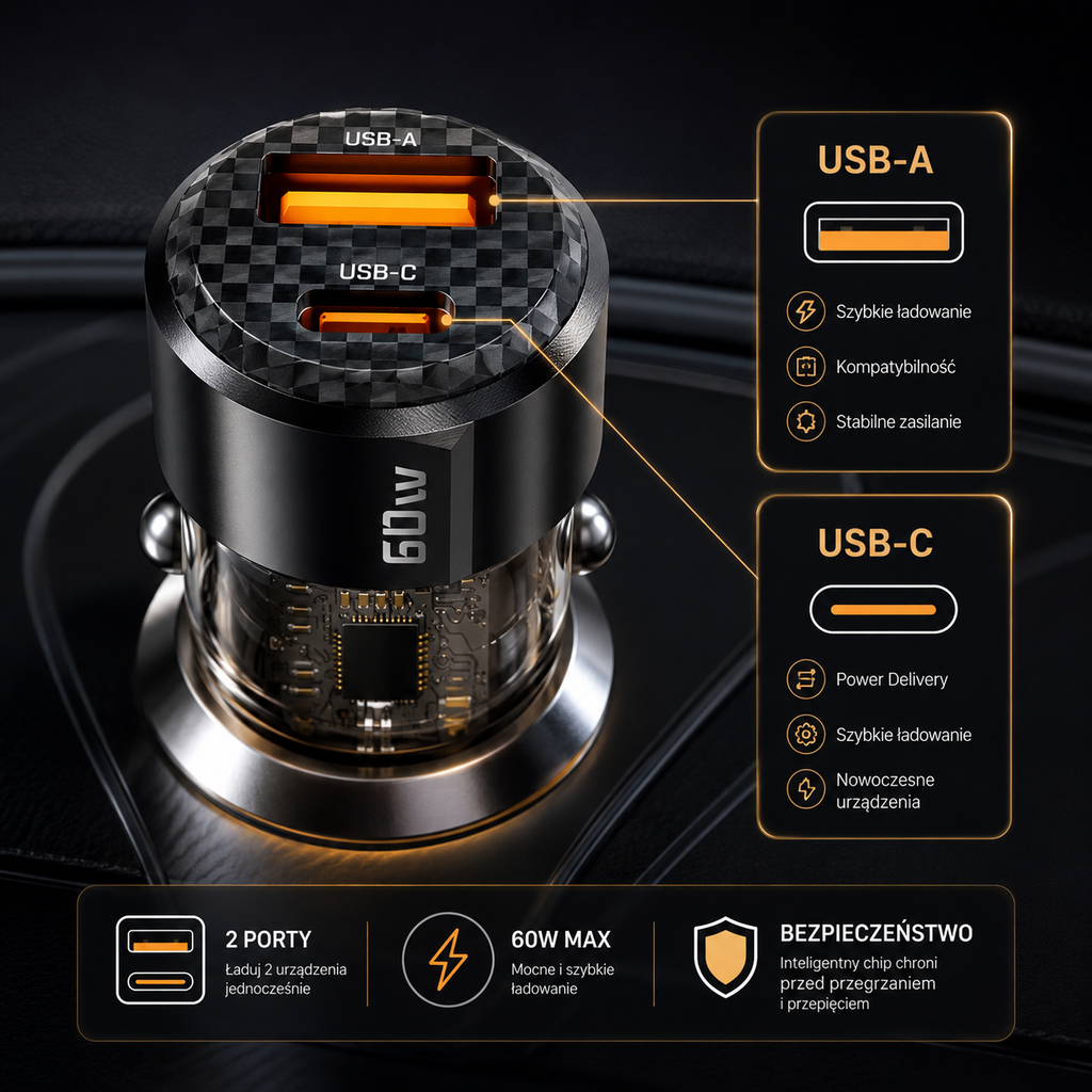 Ładowarka USB-C PD + QC do auta