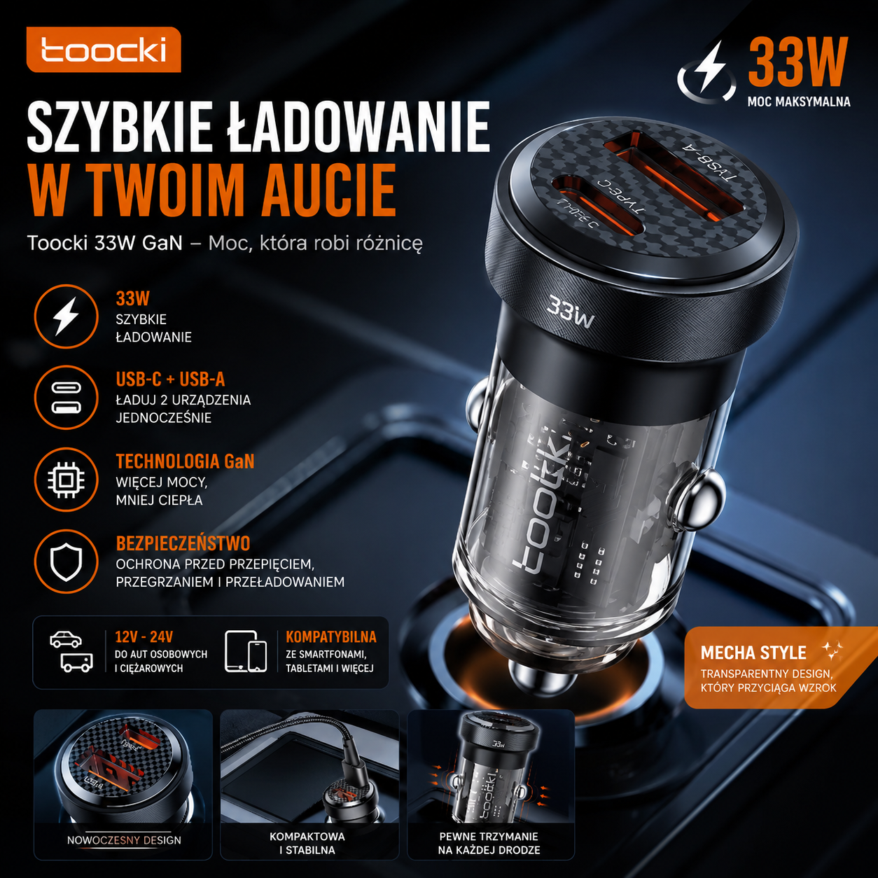 Toocki Ładowarka Samochodowa 33W GaN USB-C + USB-A — Transparent Mecha Style