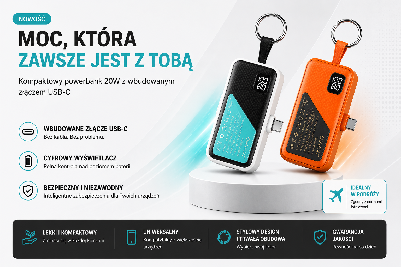 Mini Powerbank Brelok USB-C 5000 mAh z Wyświetlaczem LED