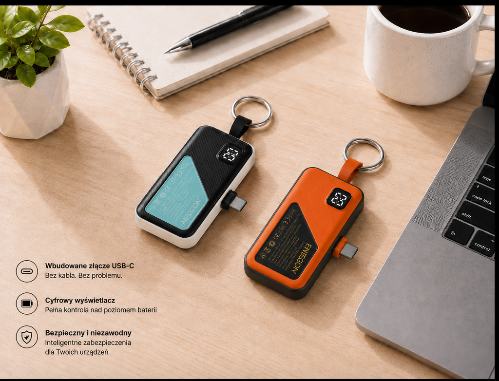 Mini Powerbank Brelok USB-C 5000 mAh z Wyświetlaczem LED