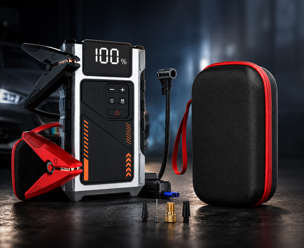 Jump Starter 4w1 z Kompresorem 12V — Powerbank, Latarka i Rozruch Auta
