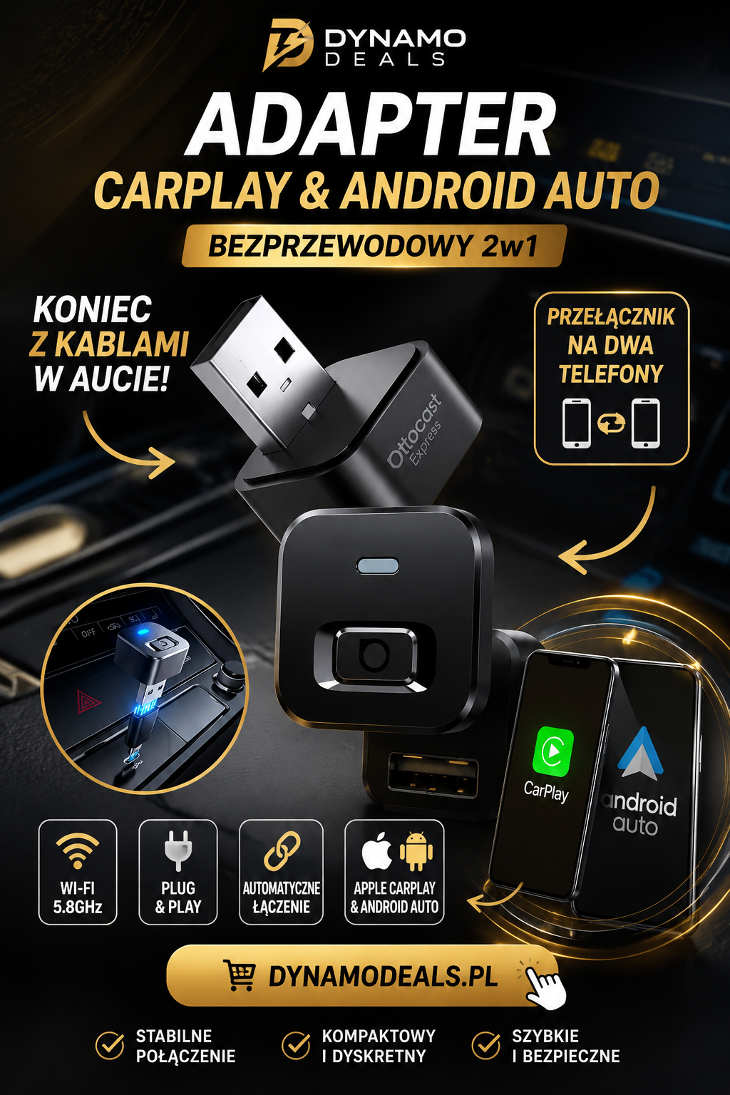Adapter Bezprzewodowy CarPlay & Android Auto 2w1 USB-C – Ottocast