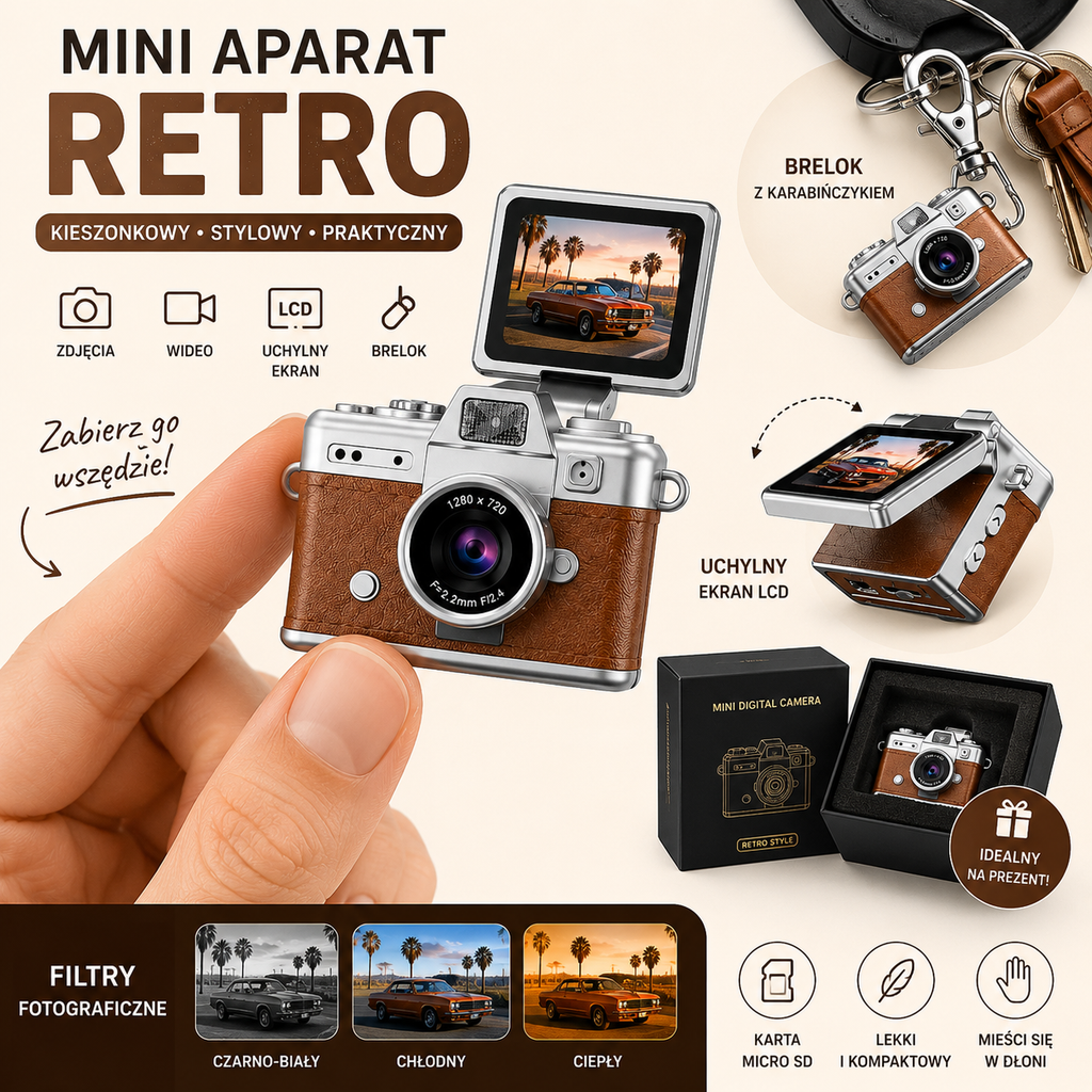 Mini Aparat Cyfrowy RETRO z Ekranem LCD — Vintage Camera Brelok PREZENT